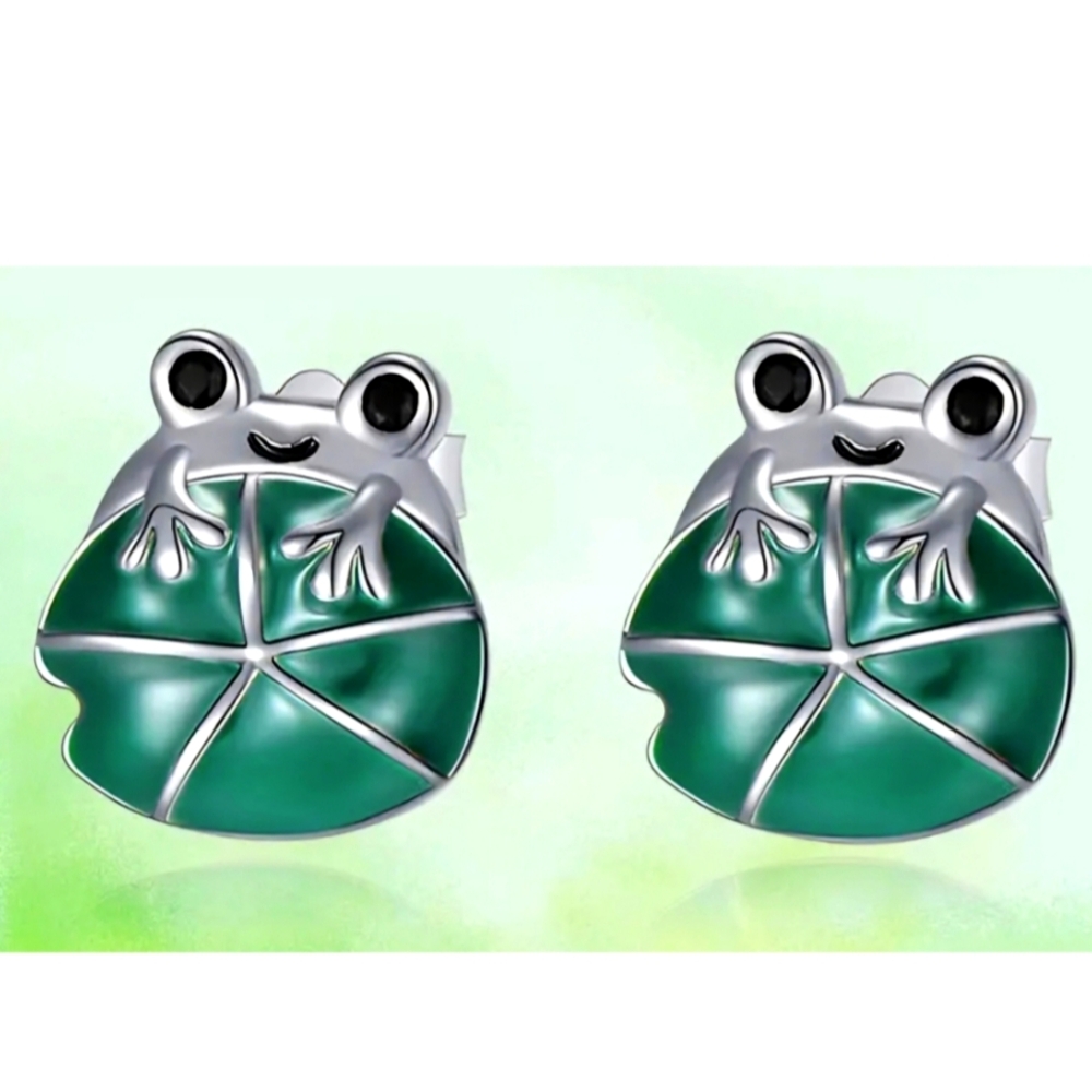 Happy Frog on lilipad Stainless Steel Quality Enamel Earrings